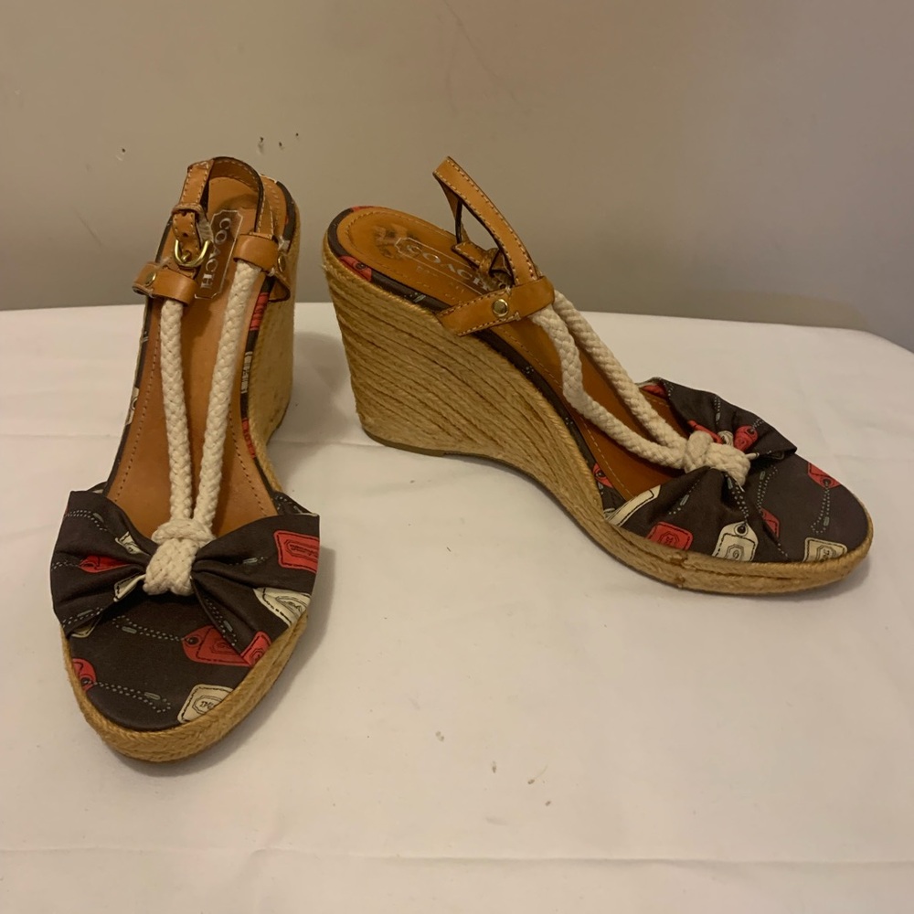 Coach Brown and Tan Wedge Sandals with Rope Accent
